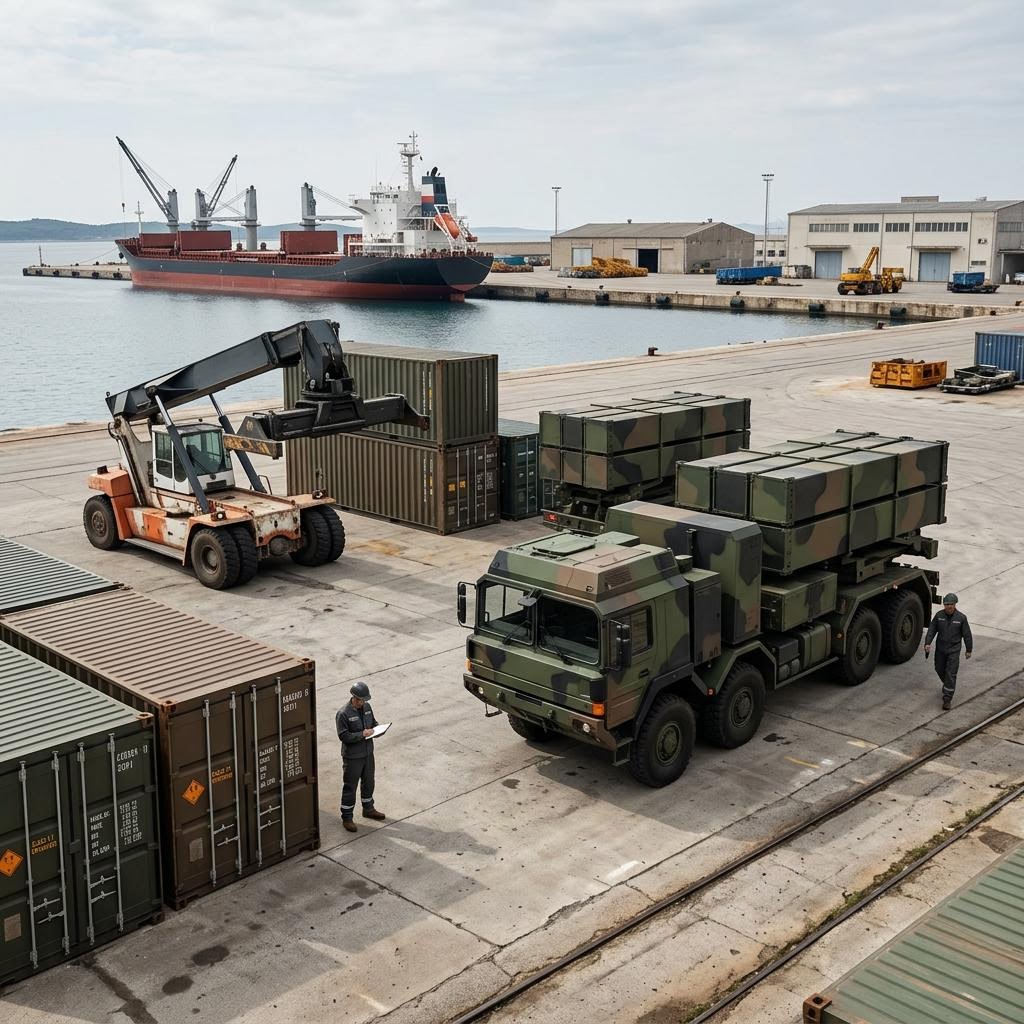 Cargo handling equipment and a moored ship at an industrial port.