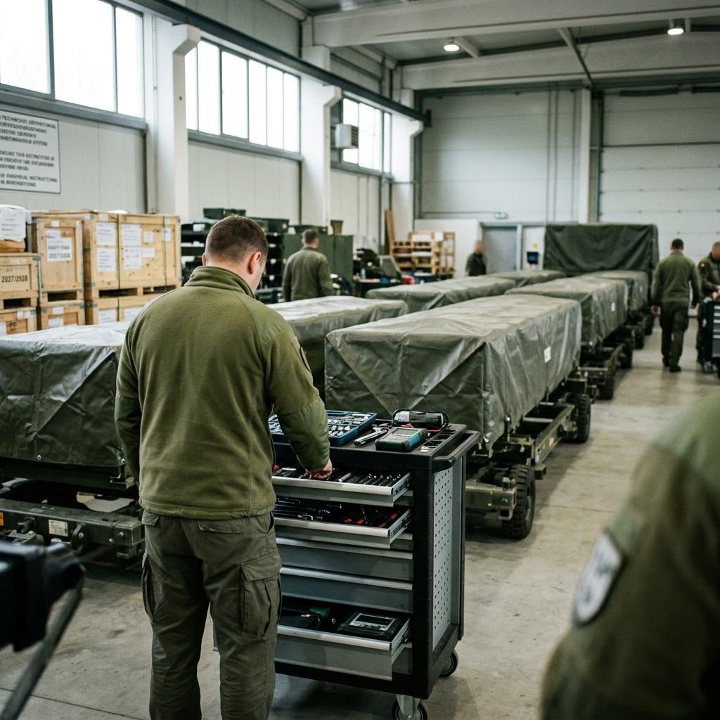 Covered equipment, open tool drawers and technicians in a maintenance bay.