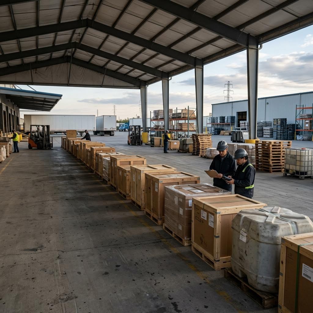 Staff inspect crates and pallets beneath a loading canopy.
